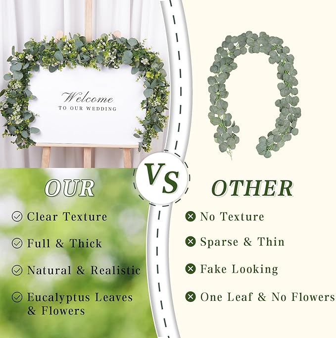 8 Pack Eucalyptus Garland, Faux Plant Artificial Greenery Garland with White Flowers 5.9Ft Eucalyptus Vine Table Centerpiece Decor Fake Vines for Home Mantle Party Wedding Decor Indoor/Outdoor