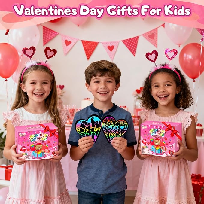 Scratch Art Party Favors for Kids: 24 Pack Valentines Rainbow Scratch Art Notebook Classroom School Party Supplies Bulk for Girls Boys Goodie Bags Stuffers, Valentines Day Gifts for Kids Classroom