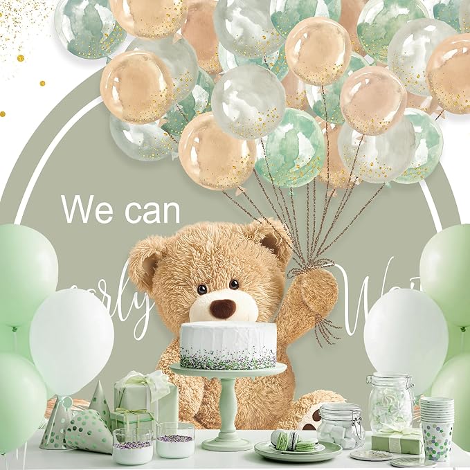 Bear Baby Shower Backdrop 7Wx5H Feet We Can Bearly Wait Green Brown Balloons Cartoon Kids Boys Pampas Grass Polyester Fabric Cute Photography Backgrounds Photo Shoot Decor Props Decoration