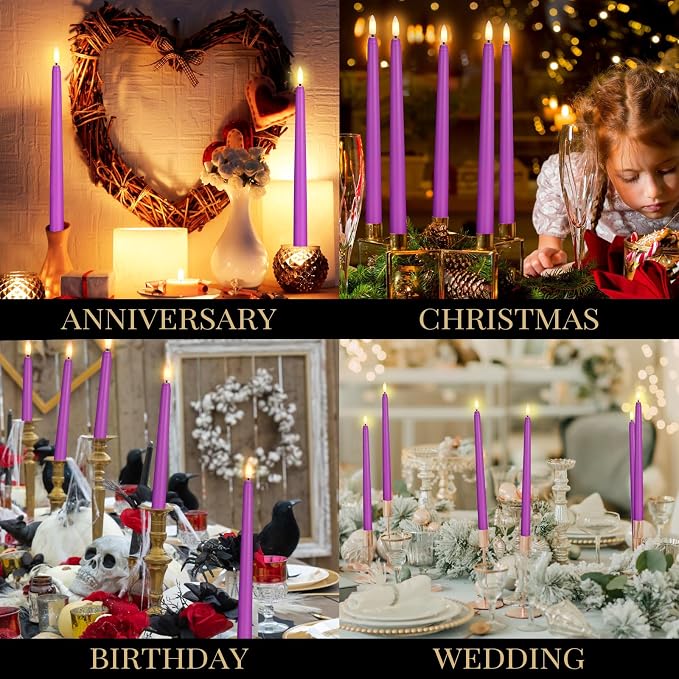 Macarrie 24 Packs Flameless Taper Candles Battery Operated Fake 11 Inch Long Candle Light LED Flameless Candlesticks Flickering Tapered for Wedding, Halloween, Christmas(Purple)