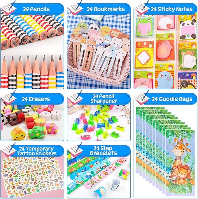 ANPHILE Return Gifts for Birthday Party, 24 Pack Stationery Birthday Goodie Bags with Pencils Erasers Stickers School Classroom Gifts for Students Classroom Gifts Rewards Prizes