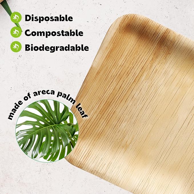 Didaey 150 Pcs 6 Inch Palm Leaf Square Bamboo Plates Disposable Wood Dinnerware Set Leaf Plates for Weddings Catering Events Birthday Summer Party