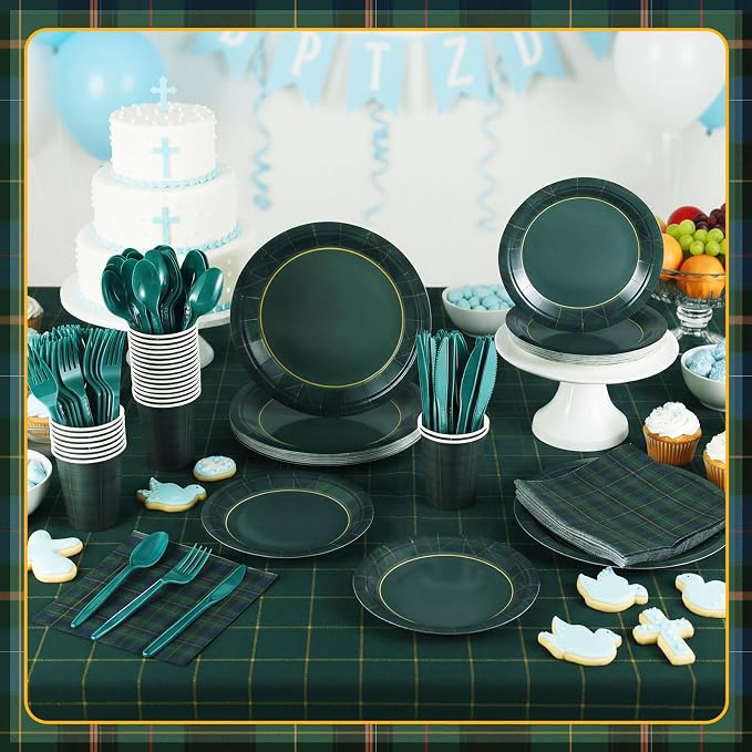 168 Pcs Green Blue Tartan Plaids Baby Shower Decorations We Can Bearly Wait Birthday Tableware Set Navy and Green Plaid Disposable Paper Plates Cups Utensils Serves 24