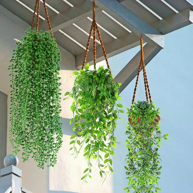 Daifunli 24 Pcs Artificial Hanging Plants Fake Hanging Ferns Plastic Fake Plants for Wall Room Garden Garland Indoor Outdoor Decor No Basket (Eucalyptus,Mandala,String of Pearls,Pea)