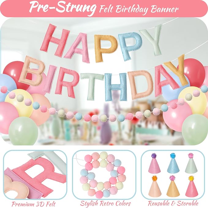 Kriyokiaa Pre-Strung Felt Happy Birthday Banner Retro Pastel Happy Birthday Party Decorations with Party Hats for Stuffed Animals, Pom Pom Garland and Latex Balloons for Women Girls Party Decor