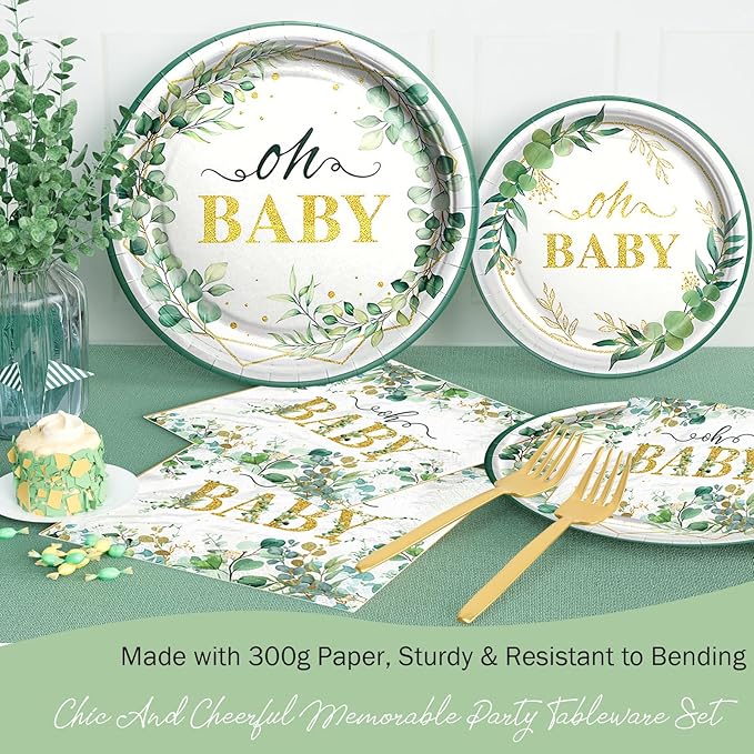Sage Green Baby Shower Decorations, Greenery Tableware Party Supplies with Paper Plates Napkins Forks for 20 Guests Balloon Arch Kit Oh Baby Backdrop Tablecloth Cake Topper