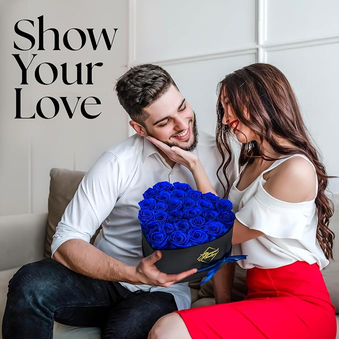 GLAMOUR BOUTIQUE 27 Flower Forever Heart Shape Box, Mothers Day Gift For Mom, Eternal Preserved Roses Gift for Her, Flowers bouquet, For Birthday, Anniversary, Girlfriend - Blue (Color-Treated)