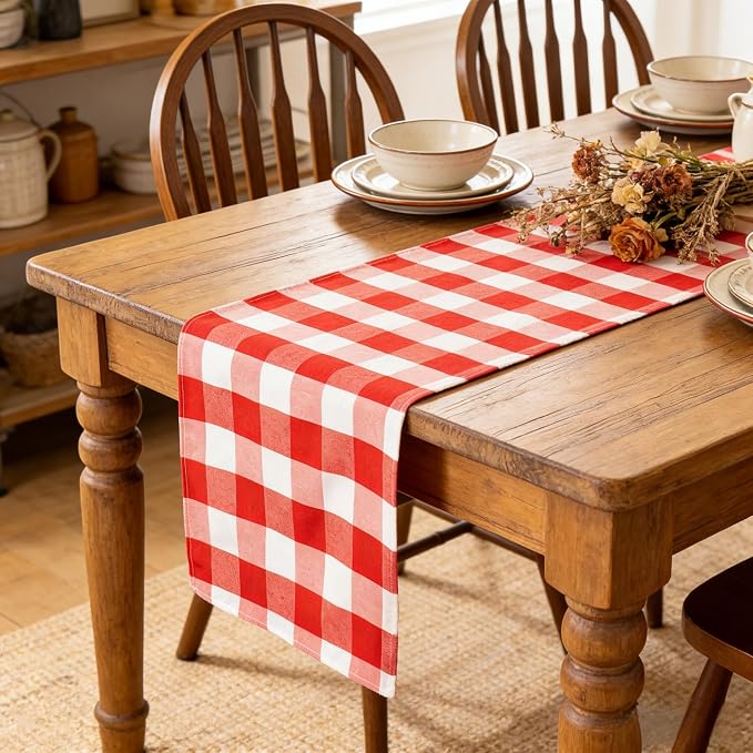 ShinyBeauty Red & White Buffalo Plaid Runners 120 inches Long Classic Farmhouse Table Runner Checked Table Runners for Family Dinner Thanksgiving Decorations (13"x120")