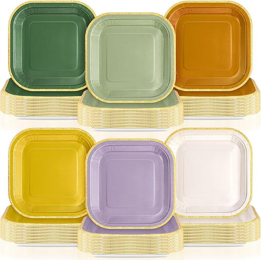 120 Pcs Nature Wedding Paper Plates 7 Inch Sage Green Purple Boho Colorful Disposable Square Dessert Plates with Gold Edge for Birthday Wedding Bridal Baby Shower Party Supplies, 6 Colors