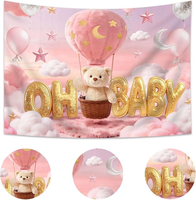 Oh Baby Bear Baby Shower Backdrop 7Wx5H Feet Pink Cartoon Hot Air Balloons Lovely Clouds Gold Stars Moon Polyester Girls Baby Shower Photography Backgrounds Photo Shoot Decor Props Decoration