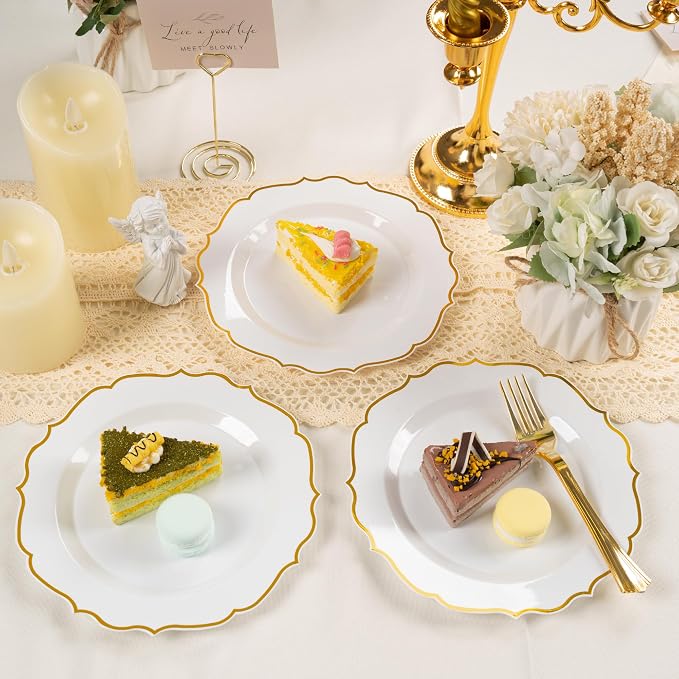100 PCS Gold Dessert Plastic - 7.5 inch White & Gold Plastic for Party Cake Plates Elegant Heavy Duty Disposable Plates for Wedding & Party