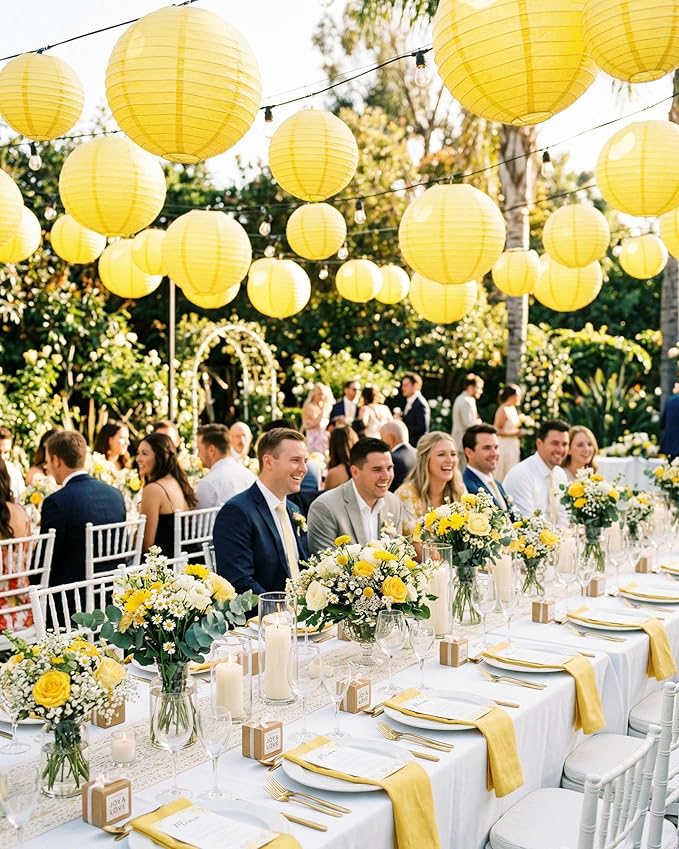 Treela 48 Pcs Paper Lanterns Party Decorations Chinese Round Paper Decor 4/6/8/10 Inch Asian Hanging Lamps Decorative for Graduate Wedding Birthday Party Bridal Parties Supplies(Yellow)