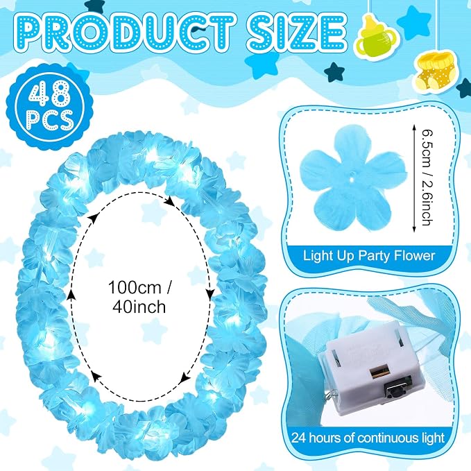 Sherr 48 Pcs LED Hawaiian Leis Light up Flower Leis Necklace with LED Lights Luau Flowers Necklaces for Masquerade Beach Wedding Tropical Themed Party Supplies(Baby Blue)