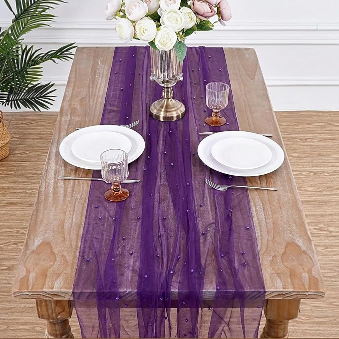 Pearl Gauze Table Runner Tulle Fabric: 10ft Seasonal Dessert Chiffon Pearl Lace Boho Overlay Wedding Veil Outdoor Wedding Aisle Runner Party Decorations Doilies, Light Yellow