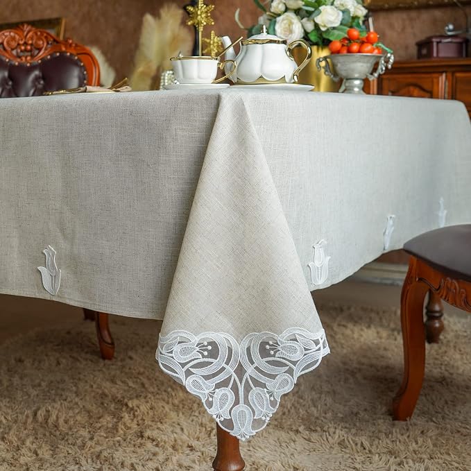 ARTABLE Tablecloth Rectangle Lace Fabric Embroidery Table Cloth Vintage Farmhouse Rustic Table Cover for Home Kitchen Wedding Outdoor Indoor Party Decor (Stone Grey, 60 x 84 Inch)