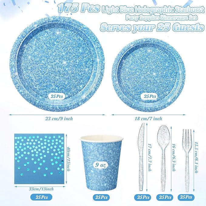 Hushee 175 Pcs 25 Guests Light Blue Paper Party Plates and Cups Napkins Sets Holographic Glitter Disposable Dinnerware Plastic Forks Knives Spoons Birthday Bachelorette Wedding Party Supplies