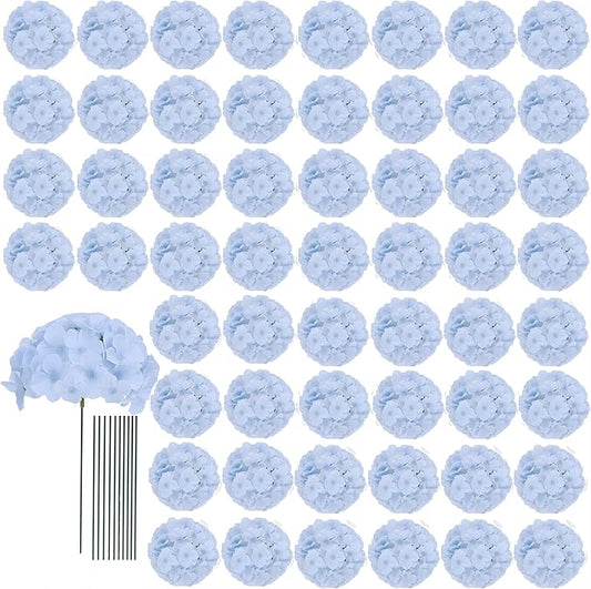 AVIVIHO 65pcs Baby Blue Fake Flowers Hydrangea Artificial Flowers Bulk (Not Squished, No Steaming Need) Silk Flowers with Stems for Home Weddings,Table Centerpieces,Party Arch Decorations