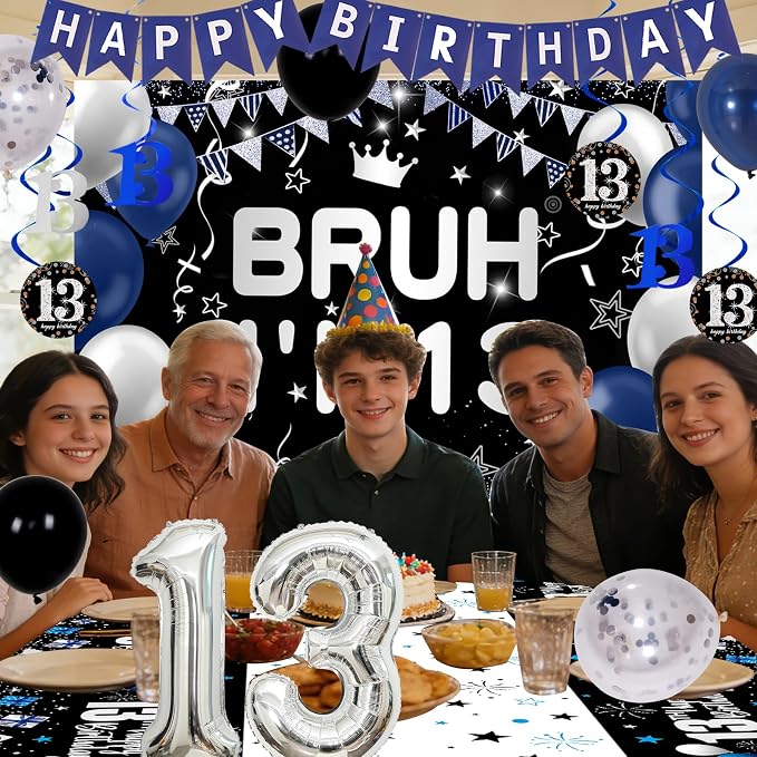 13th Birthday Decorations for Boys & Girls, 54 PCS Blue Black Party Decorations, 13 Year Old Boy Birthday Party Supplie with Banner Backdrop, Hanging Swirls, Tablecloth, Bruh I'm 13 Party Supplies