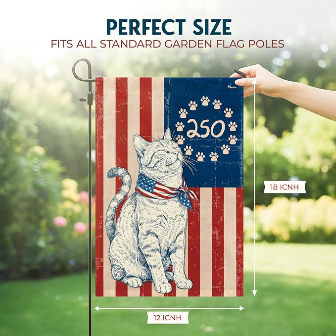 FLAGWIX American 250 Anniversary Patriotic Cat Garden Flag - Polyester Double-sided Yard Flags For Outside Garden Flag (11.5" x 17.5") - 4th of July Decorations for Home Yard Garden Decor Banner