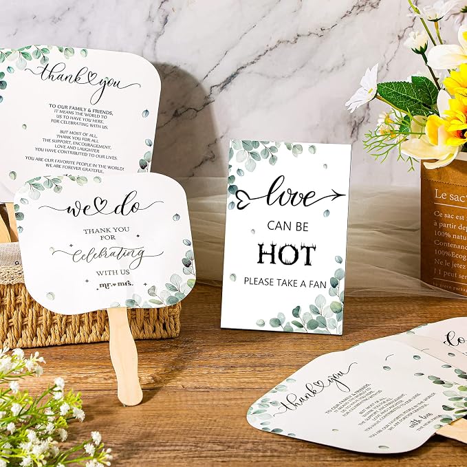 Fumete Wedding Favors for Guests 50 Pcs Wedding Fans and 1 Pc Table Sign Portable Paper Fan with Wooden Handle Hand Fan for Bridal Shower Party Favor Appreciation Gift(Greenery)
