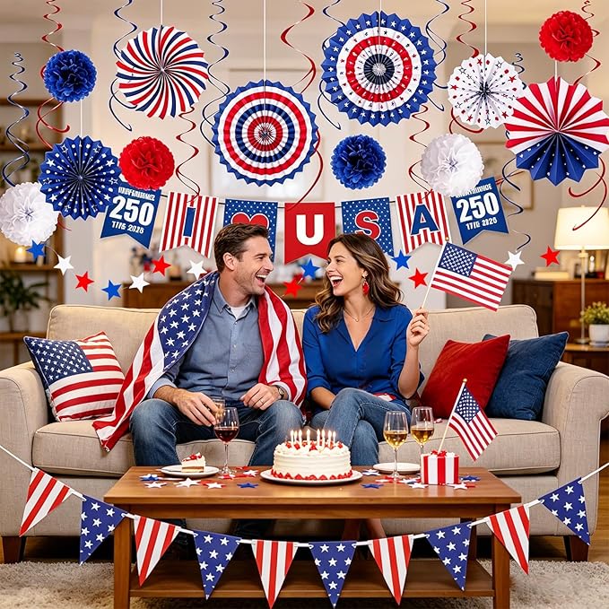 4th of July Decorations 37PCS Patriotic Decorations Red White Blue Paper Fans USA Banner Hanging Swirls Pompom Star Streamer Set for Veterans Day 250th Anniversary Memorial Day