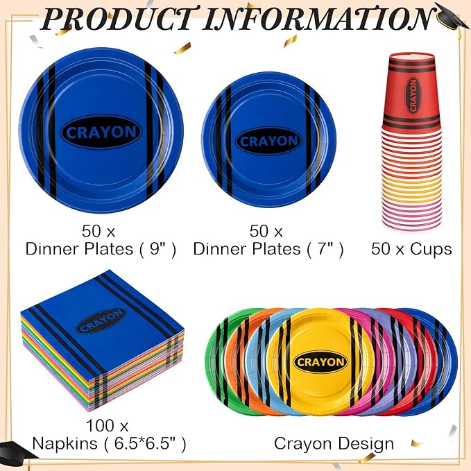 Pickmesh 250 Pcs Crayon Party Disposable Tableware Set Paper Plates and Napkins Cups Supplies Tea Party Theme Dinner Dinnerware for Birthday Bridal Baby Shower Wedding Decoration Serves 50