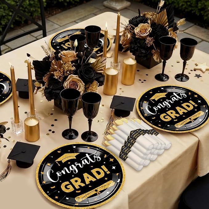 Meanplan 50 Sets 2026 Graduation Party Supplies Tableware Set Gold Pre Rolled Silverware for 50 Guests Class of 2026 Disposable Dinnerware for College High School Congrats Graduation Party Favors