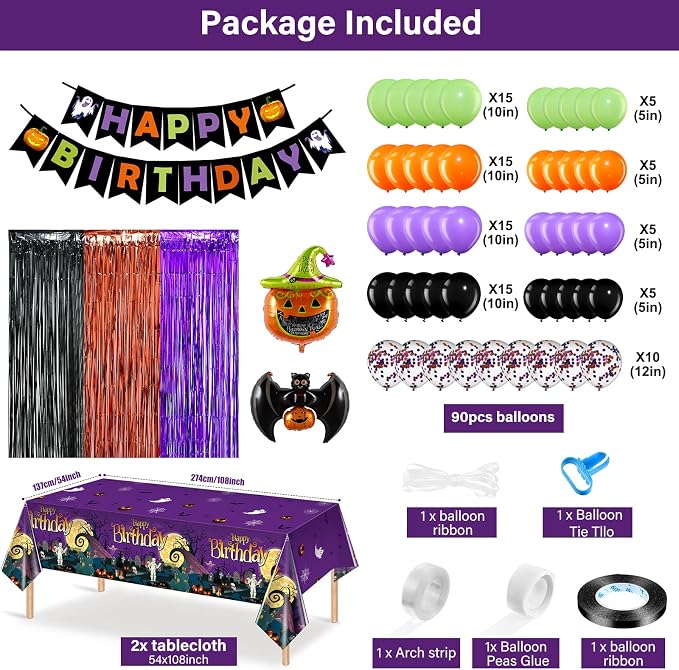 Halloween Birthday Party Decorations, 102 Pcs Halloween Happy Birthday Banner, Confetti Pumpkin Cat Bat Balloon Arch Foil Fringe Curtain and Tablecloth for Kids Party Supplies