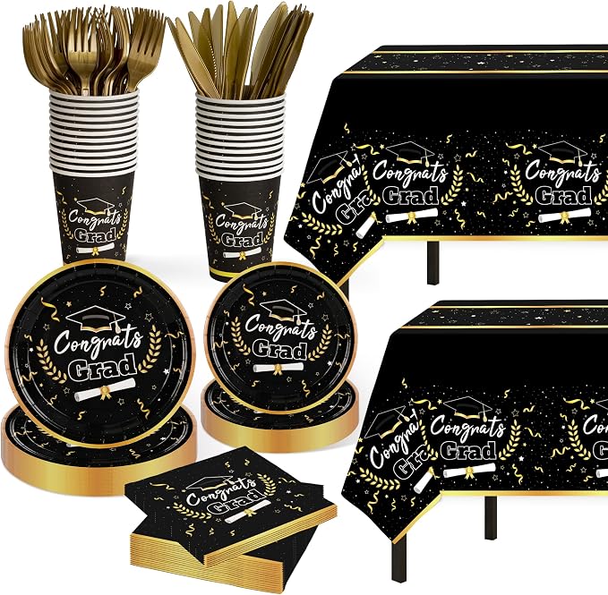 Graduation Decorations 2026 Graduation Party Decorations,147 PCS Disposable Graduation Grad Tableware,Black and Gold Graduation Tablecloth Knives Fork Plates Napkin Cups Graduation Party for 24 Guests