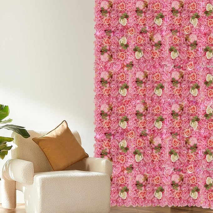 3D Flower Wall Backdrop - 12Pcs 15×15 Inch Artificial Rose Panels Pink Silk Floral Decor for Home Party Wedding Anniversary Birthday Photographic Studio Background & Decorative Fences