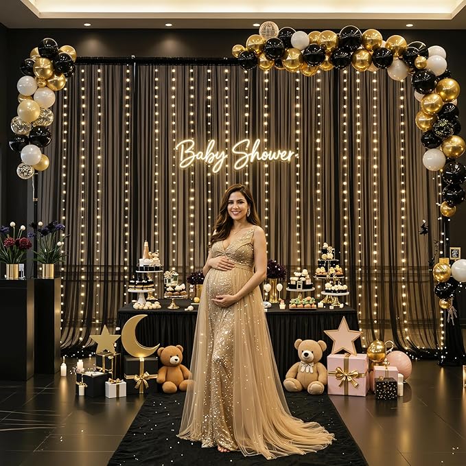10×12ft Black Sheer Backdrop Curtains with Lights String for Parties Birthday Black Tulle Backdrop Curtain for Baby Shower Wedding Graduation Halloween Party Photo Shoot Decorations 2 Panels 5×12ft