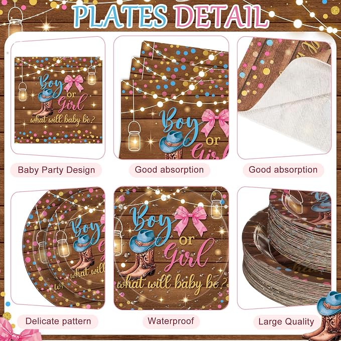 400 Pcs Boots or Bows Gender Reveal Party Decoration for 50, Gender Reveal Plates Napkins Cups Cutlery Pink Blue Western Disposable Tableware for Boy or Girl Baby Shower Party Supplies