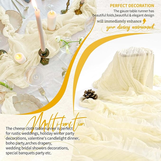 20 Pack Beige Cheesecloth Table Runner 10FT Boho Gauze Cheese Cloth Table Runners Romantic Rustic Sheer Table Decorations for Wedding Party Baby Shower Birthday Holiday Home