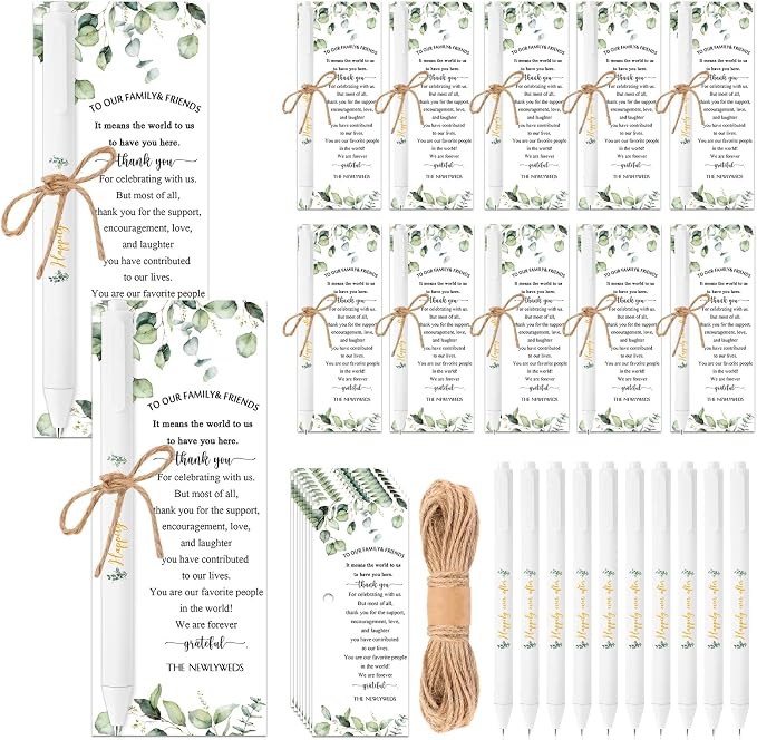 Tenceur 50 Sets Wedding Bridal Shower Pens for Guests with Thank You Cards and Twine Wedding Reception Party Favors Retractable Ballpoint Pens Bulk Black Ink for Proposal Bachelor Party Supplies