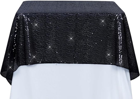 PartyDelight Sequin Tablecloth Square 50"x50" Black Shimmer Table Cloths Sparkle Glitter Decorations