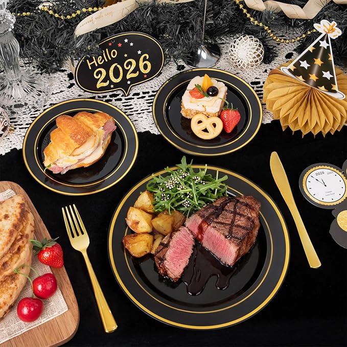 WDF 200PCS Black and Gold Plastic Plates - Black Plates Disposable for Party - Heavy Duty Plastic Plate for Wedding/Party/Birthday/Graduation