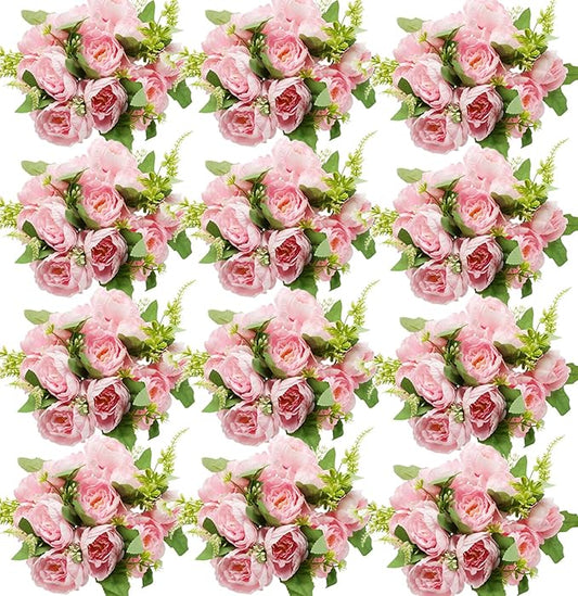 Pink Peonies Artificial Flowers, 12 Bundles Fake Peonies Silk Flowers Faux Peonies Flowers Realistic Bouquet for Wedding Home Centerpiece Table Decoration
