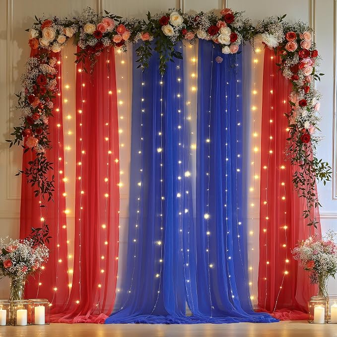 10x10ft Royal Blue Red Tulle Backdrop Curtain with Lights String for Parites, Sheer Photo Backdrop Curtains with lights for Wedding Backdrop Ceremony Reception Bridal Shower Baby Shower Birthday Party