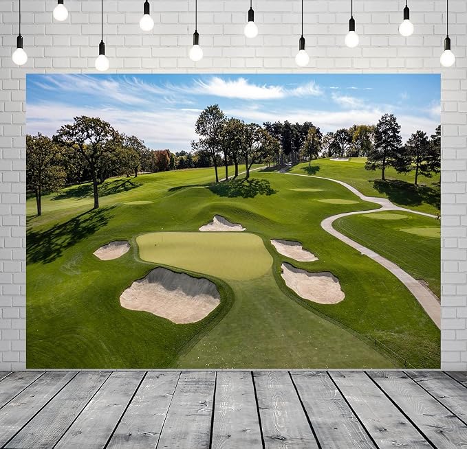BELECO 9x6ft Fabric Golf Course Backdrop for Photography - Green Grass, Lawn, Bunker, Trees, Blue Sky, White Clouds - Outdoor Party Decorations, Birthday Shoot, Holiday Photo Studio Props