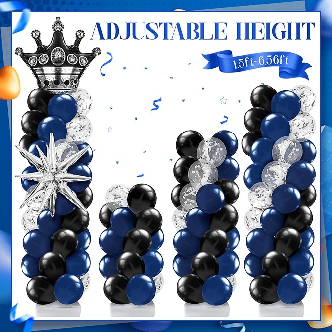 2 Sets Blue and Black Birthday Decorations Balloon Column Stand Kit with Crown, Navy Blue, Black and Silver Balloons Arch Kit for Prom Men Birthday Retirement Baby Shower Wedding Party