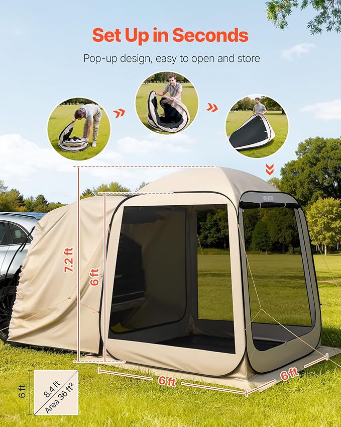 VEVOR SUV Tailgate Tent, 6 x 6 ft Pop-Up Screen House Canopy for 4–6 Person, Portable Screened Shelter with Carry Bag, for Car Camping, Backyard, Patio, Outdoor Activities