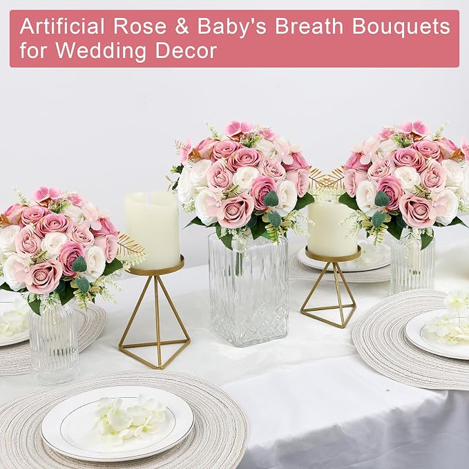Wedding Bouquet for Bridesmaid- Hand Holding Flower Bouquet 7 Inch Artificial Flower Bouquet for Bride Party Ceremony Anniversary Decor - Dusty Pink & White