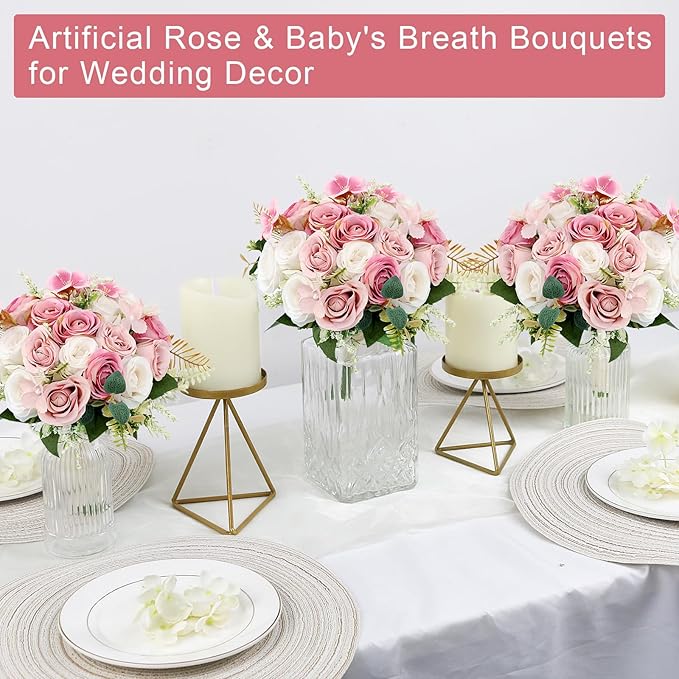 Set of 2 Bridesmaid Bouquets for Wedding - 7 Inch Artificial Ivory Flower Bouquet for Party Ceremony Anniversary Dinning Table Centerpieces Decor - Dusty Pink & White