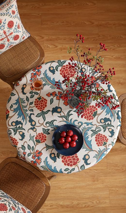 patdrea Elegant French Linen Tablecloth,Round,Diameter 55"-Puno | Luxurious Table Cloth for Round Table,Vintage Colorful Floral Design,Dining Room Kitchen Tea Party Decorations
