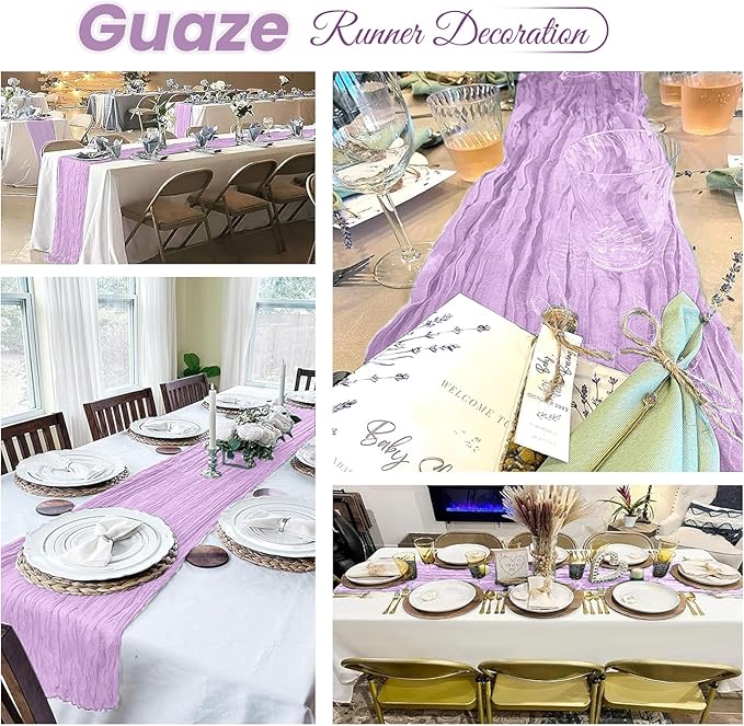 6 Pack Lavender Cheesecloth Table Runner 20 x 120 inch Gauze Table Runners 10 FT Long,Semi Sheer Boho Cheese Cloth Fabric Table Runner Bulk for Wedding,Party,Baby Shower,Bridal Shower Decoration
