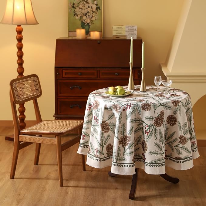 ISAENNE Designer Vintage Linen Round Tablecloth,Diameter 67"-Carol B | French Elegant Table Cloth for Round Table,Pinecones Pattern,Decor,Dining Room,Kitchen,Tea Party,Thanksgiving,Christmas
