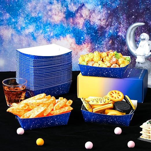 Hoolerry 48 Pcs Space Theme Party Paper Food Trays Galaxy Starry Night Paper Food Boats Snack Candy Popcorn Nacho Hot Dog Trays Serving Bowl for Buffet Birthday Party Decorations