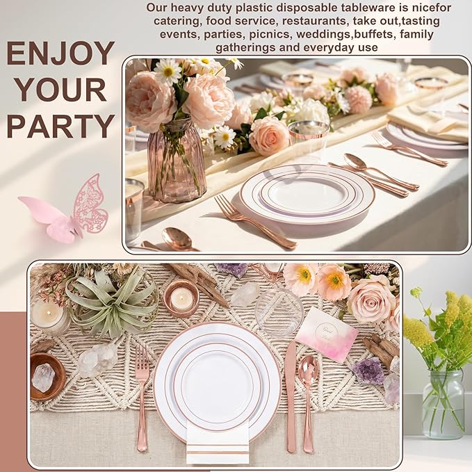 GATHER 350PCS Rose Gold Plastic Plates - Disposable Rose Gold Dinnerware Sets Includes 100 Gold Rimmed Plastic Plates, 150 Silverware, 50 Napkins, 50 Cups for Party, Wedding, Mother's Day