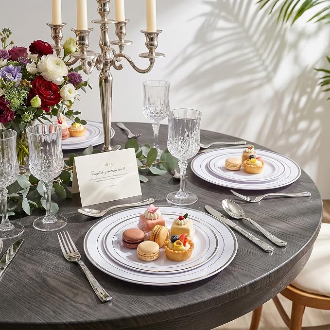 I00000 100pcs Silver Plastic Plates, Disposable Plastic Party Plates with White Silver Rim Fancy Wedding Party Plates Include 50 Dinner Plates 10.25" and 50 Dessert Appetizer Plates 7.5"