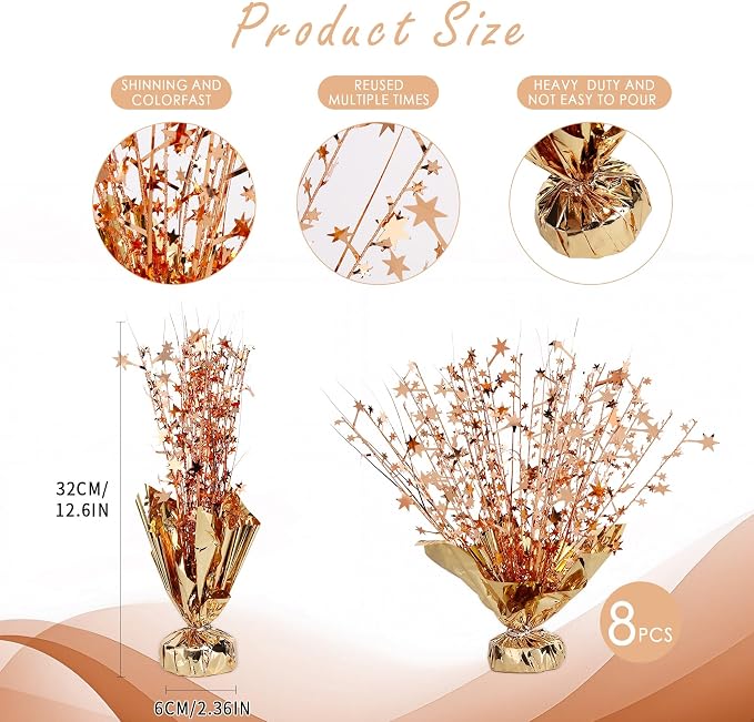 8 Pack Metallic Star Spray Centerpieces for Tables - Bulk 12.4" Foil Fountain Table Decorations for Large Events, Graduation 2026, Wedding Reception (Rose Gold)